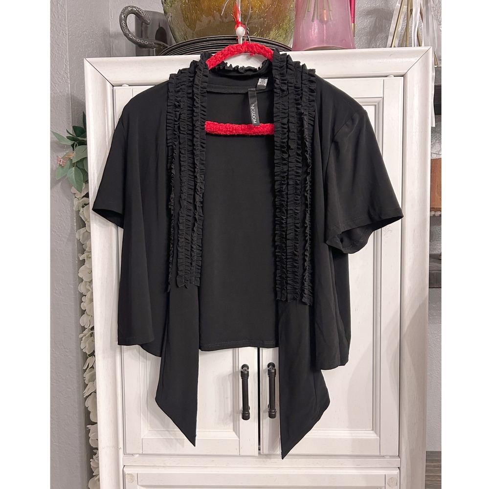 Black Short Sleeve Open Front Ruffle Cardigan Stretchy Business Casual Classy